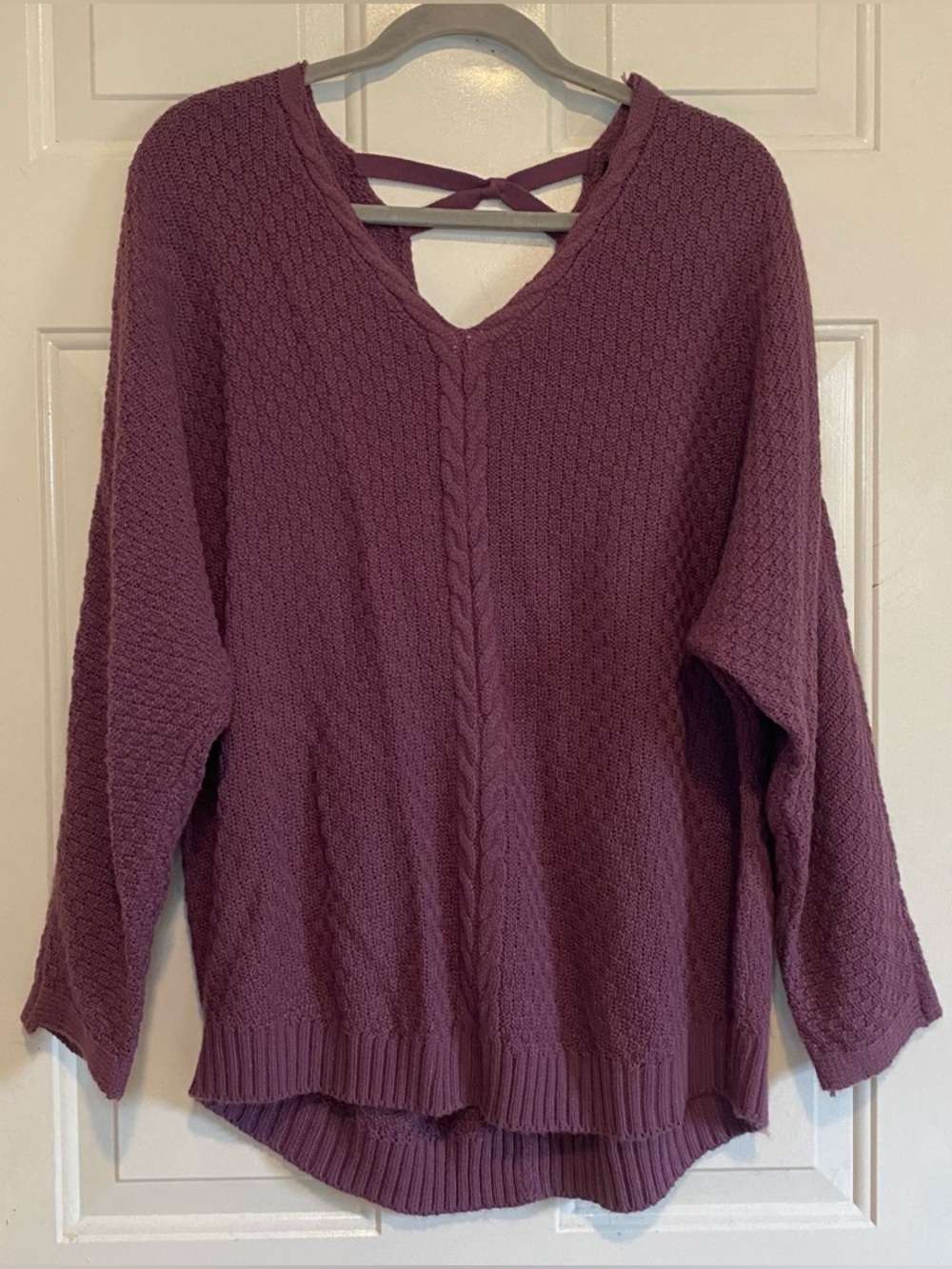 Alison Andrews Women’s Purple Bow Open Back Cable Knit Sweater Size XL Acrylic